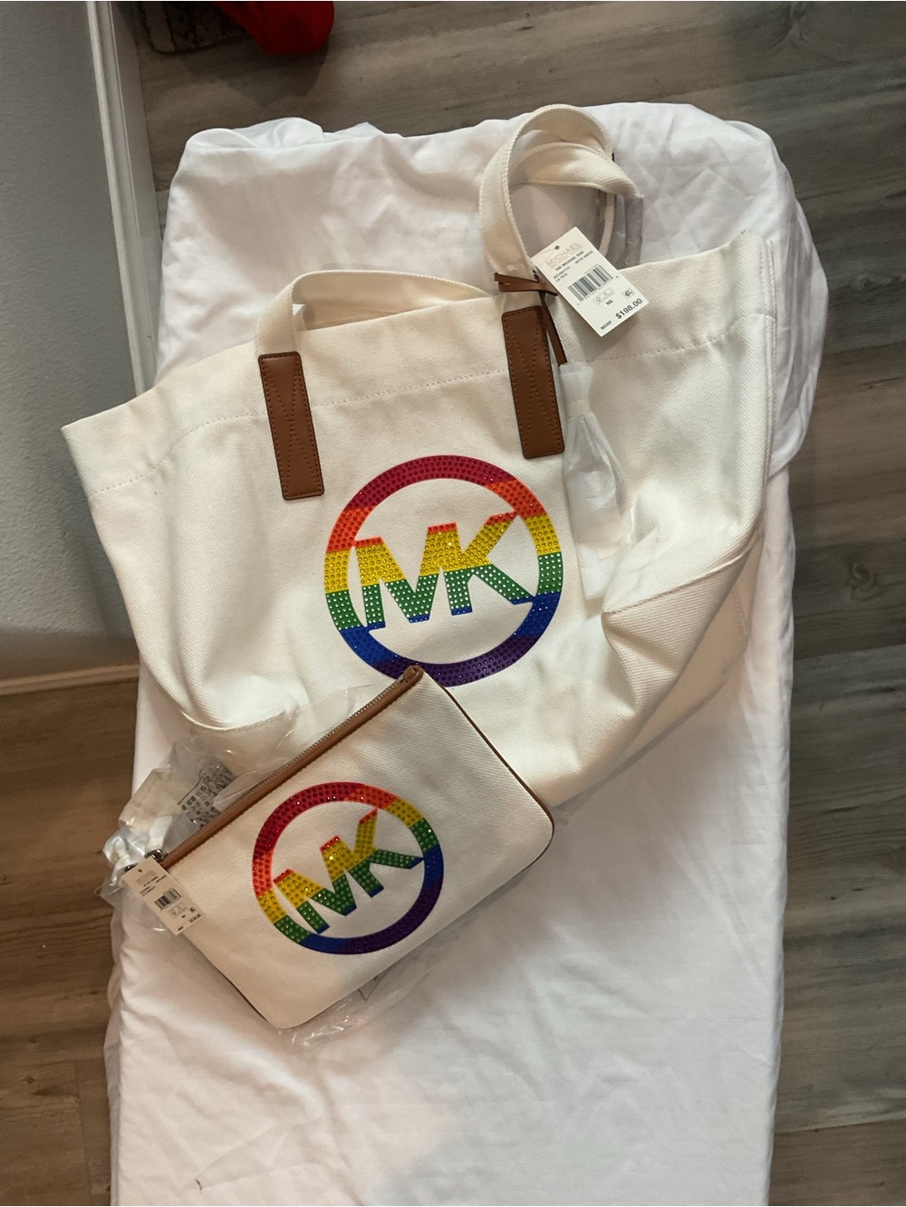Michael Kors White Canvas Tote with Rainbow MK Logo and matching wristlet